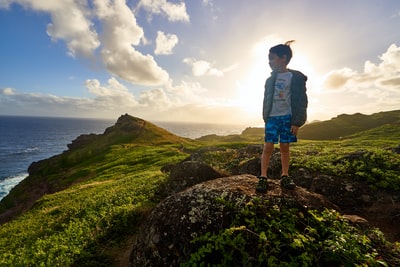 男孩站在岩石上俯瞰大海